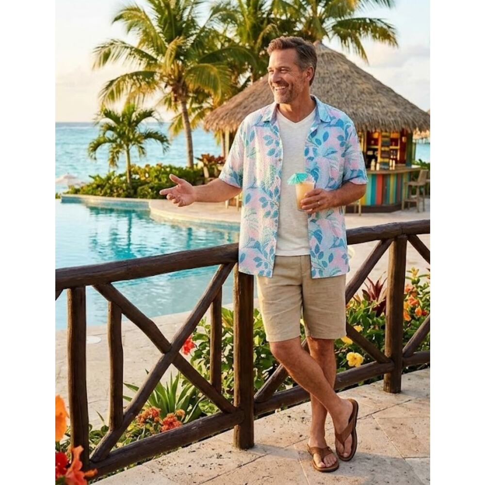 Tommy Bahama Nova Wave 3XL Seersucker Floral Shirt Men's Short Sleeve